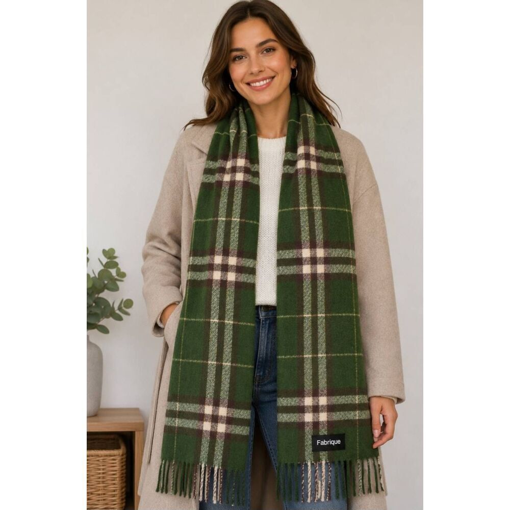 Fabrique womens 100% cashmere chunky long scarf dark green brown earthtone